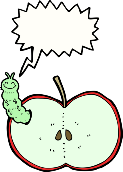 bir insan tarafından çizilmiş konuşma balonlu elma yiyen çizgi film böceği