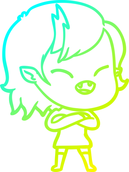 Bir insan tarafından çapraz kollarla çizilmiş gülen vampir kız çizgi filmi çizimi.