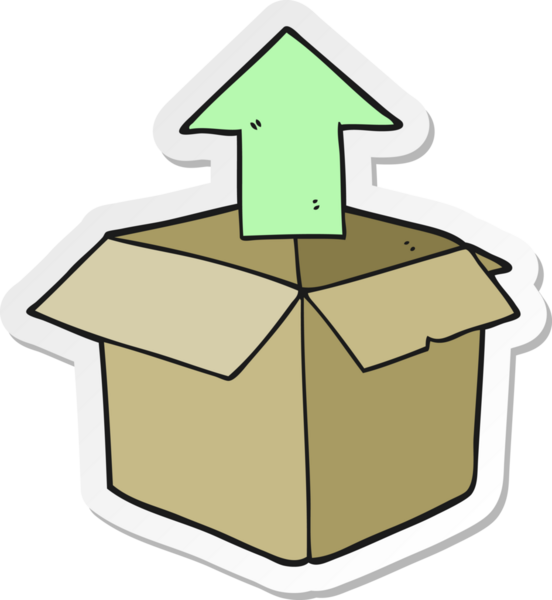 Bir insan tarafından çizilmiş bir kutunun kutusunu açan bir çizgi film etiketi.