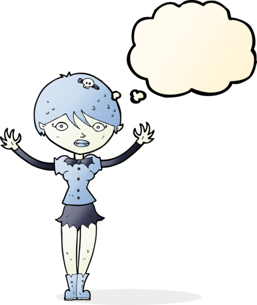 Bir insan tarafından çizilmiş düşünce balonlu vampir kız.
