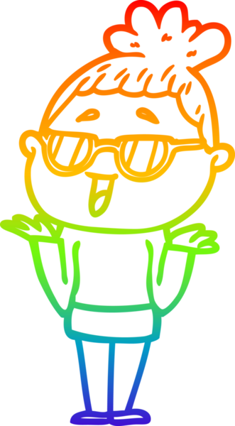 Bir insan tarafından çizilmiş gözlük takan mutlu bir kadının çizgi çizimi.