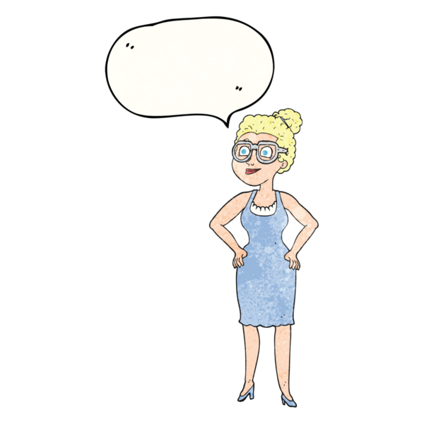 Bir insan tarafından çizilmiş gözlük takan serbest konuşma balonu desenli karikatür kadın.