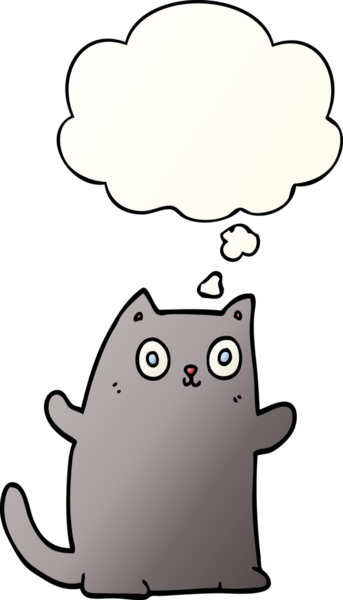 Bir insan tarafından çizilmiş yumuşak eğimli düşünce baloncuklu çizgi film kedisi.