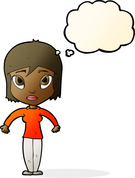 Bir insan tarafından çizilmiş düşünce baloncuğuyla omuz silken çizgi film kadını.