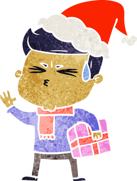 Bir insanın çizdiği Noel Baba şapkasıyla terleyen bir adamın el çizimi karikatürü.