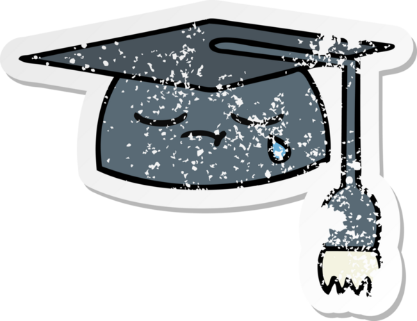 Bir insan tarafından çizilmiş şirin bir çizgi film mezuniyet şapkasının sıkıntılı çıkartması.