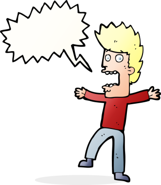 Bir insan tarafından çizilmiş, konuşma balonuyla dehşete düşmüş bir adam.