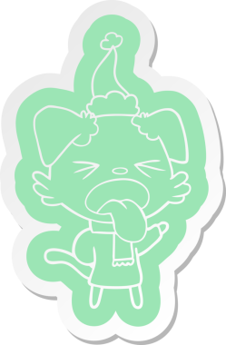 Eşarp takan ve Noel Baba şapkası takan bir köpeğin garip çizgi film çıkartması.