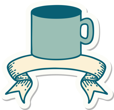 Bir insan tarafından çizilmiş bir fincan kahve sancağıyla dövme stili çıkartması.