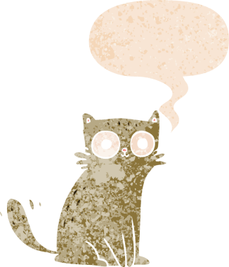 grunge 'da konuşma balonu olan çizgi film kedisi bir insan tarafından çizilmiş dertli retro desenli