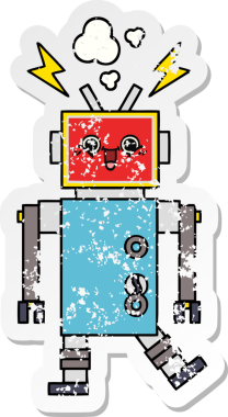 Bir insan tarafından çizilmiş sevimli bir robot çizgi film çıkartması.