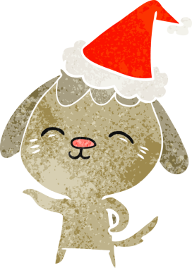 Mutlu el çizimi. Bir insan tarafından çizilmiş Noel Baba şapkası takan bir köpeğin eski çizgi filmi.