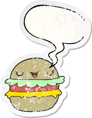 Konuşma balonlu çizgi film burgeri bir insan tarafından çizilmiş sıkıntılı eski bir çıkartma