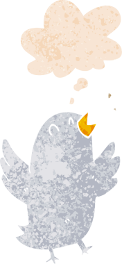 Düşünce baloncuğuyla şarkı söyleyen çizgi film kuşları bir insan tarafından çizilmiş dertli retro stili.