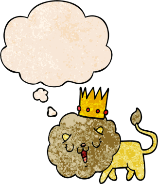 Düşünce baloncuğu ile taçlı çizgi film aslanı bir insan tarafından çizilmiş grunge doku tarzı.