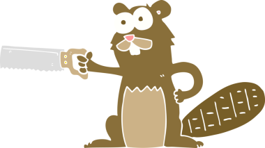 Bir insan tarafından çizilen testereyle kunduzun düz renk çizimi