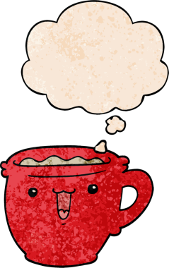 Bir insan tarafından çizilmiş grunge desenli düşünce baloncuklu şirin çizgi film kahve fincanı.