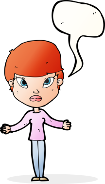 Bir insan tarafından çizilmiş konuşma baloncuğuyla omuz silken çizgi film kadını.