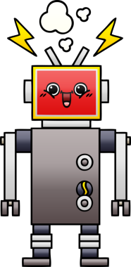 Bir insan tarafından çizilmiş mutlu bir robotun gölgeli çizgi filmi.