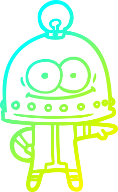 Bir insan tarafından çizilmiş ampullü mutlu bir robot çizimi.