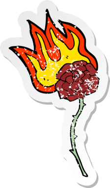 Bir insan tarafından çizilmiş yanan bir gülün retro kederli çıkartması.