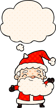 Çizgi roman tarzında bir insan tarafından çizilmiş düşünce balonlu Noel Baba çizgi filmi.