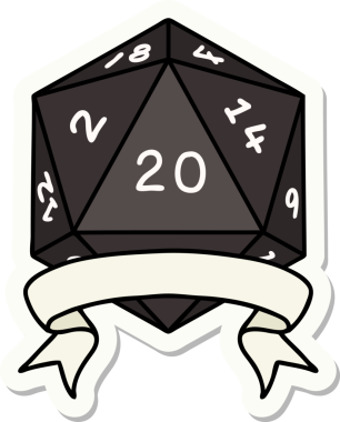 Bir insan tarafından çizilmiş 20 kritik vuruşluk D20 zar etiketi.