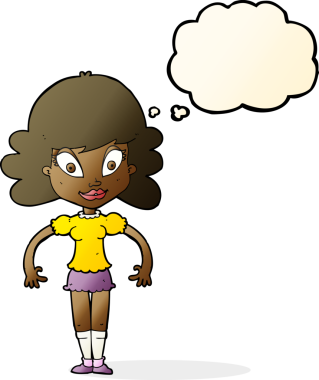 Bir insan tarafından çizilmiş düşünce baloncuğu olan güzel bir kadın.