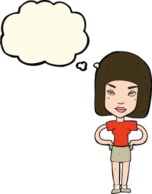 Bir insan tarafından çizilmiş düşünce baloncuğuyla rahatsız bir kadın.