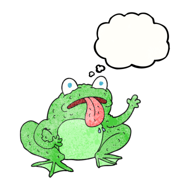 Bir insan tarafından çizilmiş serbest çizim düşünce balonu desenli karikatür kurbağası.