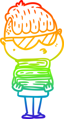 Gökkuşağı gradyan çizgi çizimi bir çizgi film çocuğu güneş gözlüğü takıyor ve bir insan tarafından çizilmiş kitap yığını