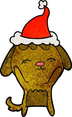 Mutlu el çizimi, bir insan tarafından çizilmiş Noel Baba şapkası takan bir köpeğin çizgi filmi.