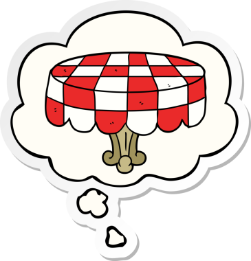 Düşünce baloncuklu çizgi film masası insan tarafından çizilmiş bir çıkartma gibi.