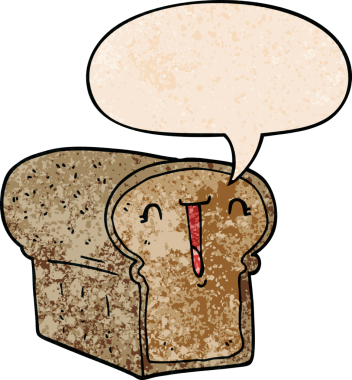 Bir insan tarafından çizilmiş geçmişe dönük konuşma baloncuklu şirin bir ekmek karikatürü.