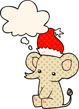 Bir insan tarafından çizilmiş çizgi roman tarzında düşünce balonu olan şirin bir Noel fili.