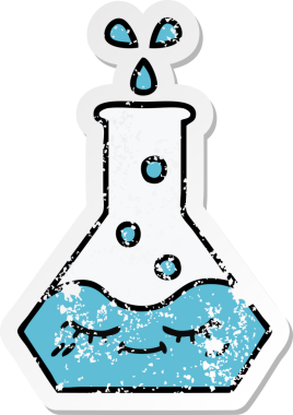 Bir insan tarafından çizilmiş sevimli bir bilim şişesinin sıkıntılı çıkartması.