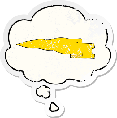 Düşünce baloncuklu çizgi film afişi bir insan tarafından çizilmiş yıpranmış bir çıkartma gibi