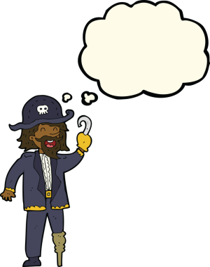 Bir insan tarafından çizilmiş düşünce balonlu korsan kaptan.