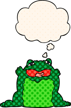 Çizgi roman tarzında bir insan tarafından çizilmiş düşünce baloncuğu olan çizgi film karakurbağası.