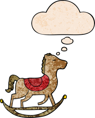 Bir insan tarafından çizilmiş grunge desenli düşünce baloncuklu çizgi film sallanan atı.