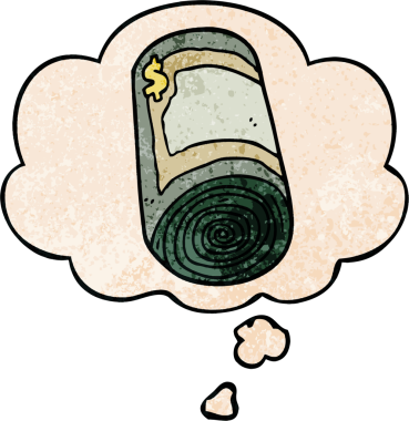 Bir insan tarafından çizilmiş grunge desenli düşünce baloncuklu para rulosu.