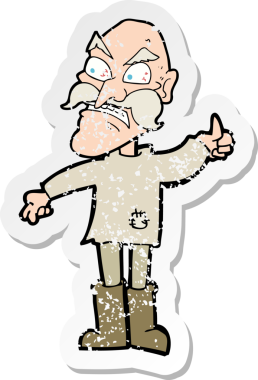 Bir insan tarafından çizilmiş yamalı giysili kızgın yaşlı bir adamın karikatür yapıştırması.