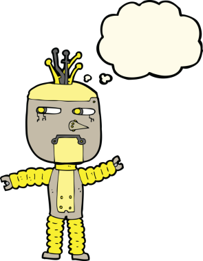 Bir insan tarafından çizilmiş düşünce baloncuklu çizgi film robotu.