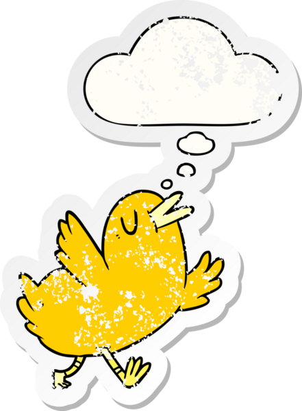 Düşünce baloncuğu olan mutlu çizgi film kuşu insan tarafından çizilmiş yıpranmış bir çıkartma gibi.