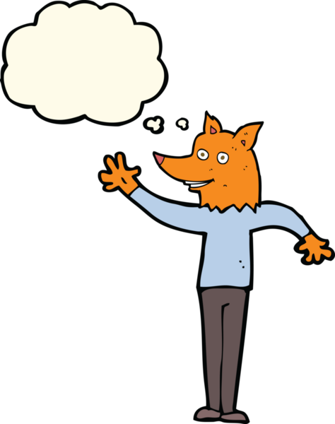 Bir insan tarafından çizilmiş düşünce balonlu tilki adam.