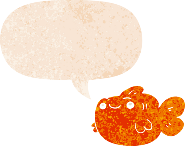 grunge 'da konuşma baloncuğu olan karikatür balığı bir insan tarafından çizilmiş dertli retro stil.