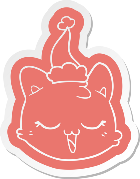 Bir insan tarafından çizilmiş Noel Baba şapkası giyen kedi suratlı garip bir karikatür çıkartması.