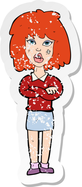 Bir insan tarafından katlanmış kolları olan sert bir kadın çizgi filminin gerilmiş yapıştırması.