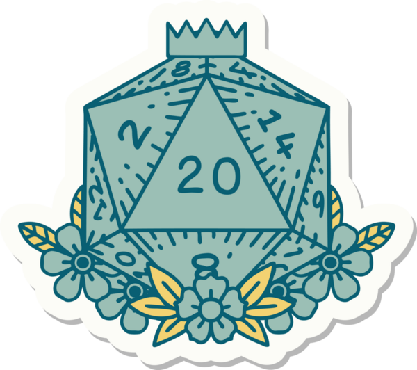 Bir insan tarafından çizilmiş 20 D20 zarının etiketi.