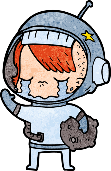 Bir insan tarafından çizilmiş kaya örneğini taşıyan ağlayan astronot kız.